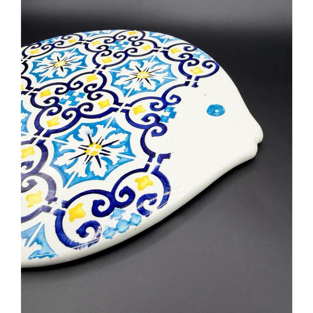 Vintage Hand Painted Ceramic Tile Trivet - Lisbon Portugal Fish Cork Arabesque